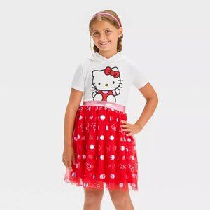 NEW Girls' Hello Kitty Hooded Cosplay Short Sleeve Tutu Dress - Red/White XS